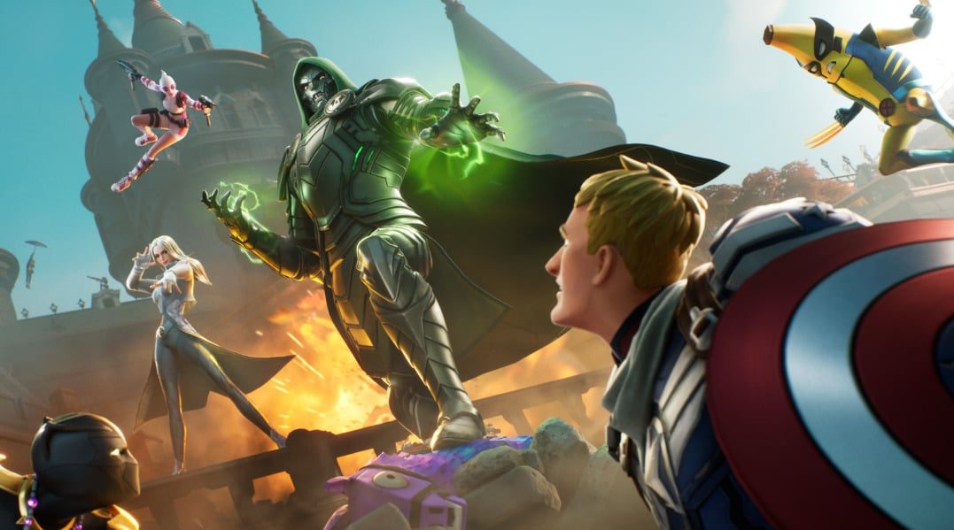 Fortnite içinde Marvel temalı karakterlerin yer aldığı bir sahne