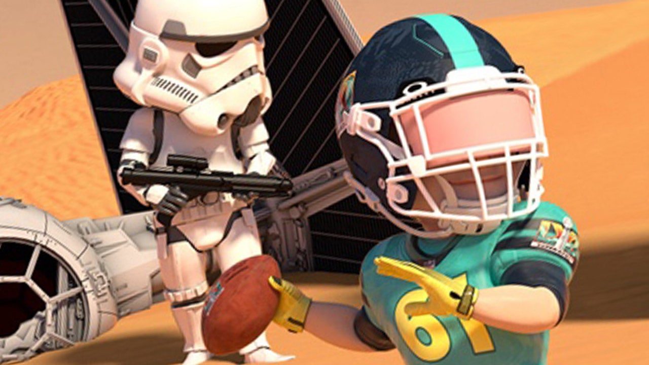 Star Wars Funday Football yayınında animasyona dönüştürülmüş bir oyuncu ve stormtrooper